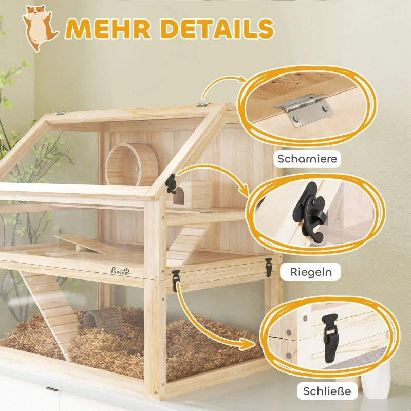 Scaffale a 3 livelli per piccoli animali con accessori, pannelli acrilici e apertura frontale in legno naturale 80 × 50 × 76 cm