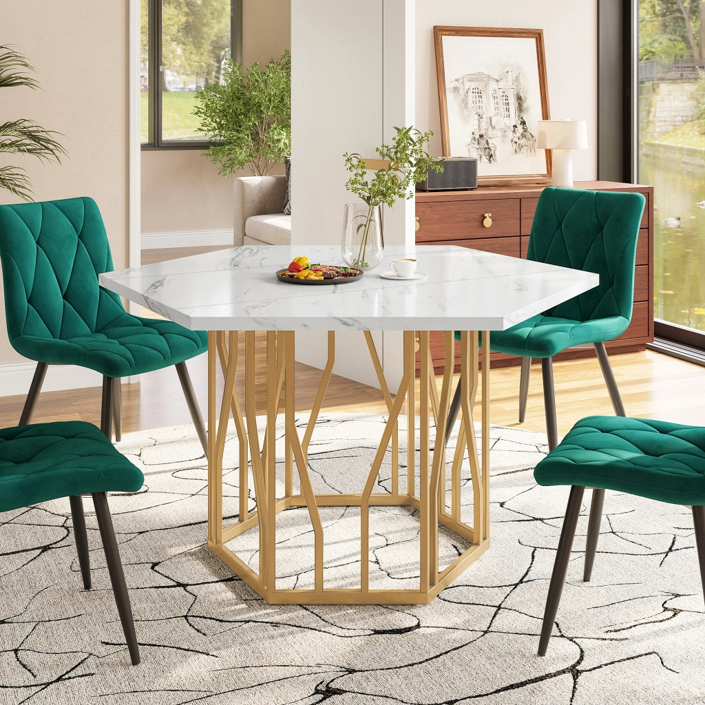 Tavolo moderno esagonale con piano effetto marmo, struttura in metallo dorato, bianco e oro