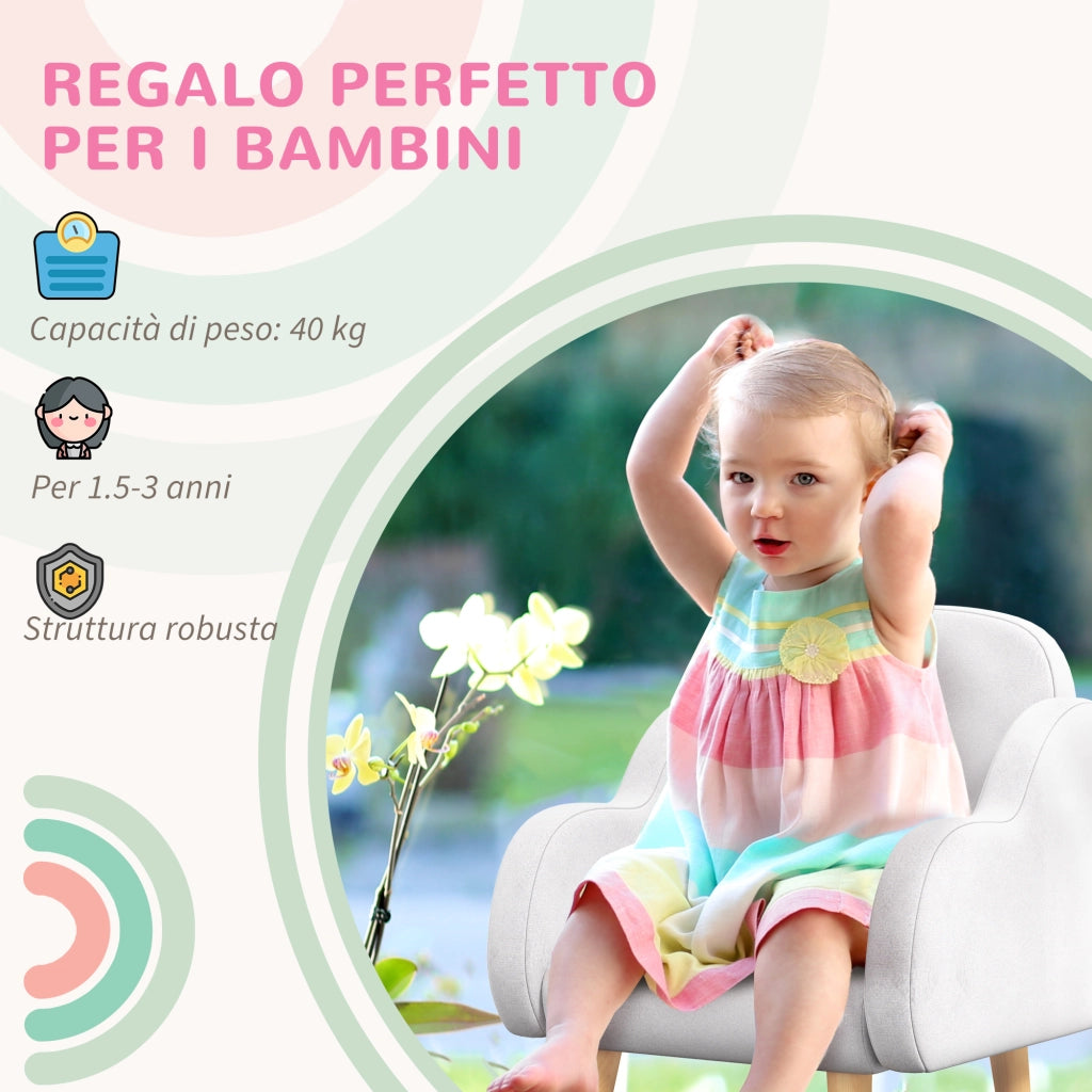 Poltrona per Bambini in Stile Scandinavo con Braccioli a Nuvola in Tessuto Bianco. 46x51x55 cm