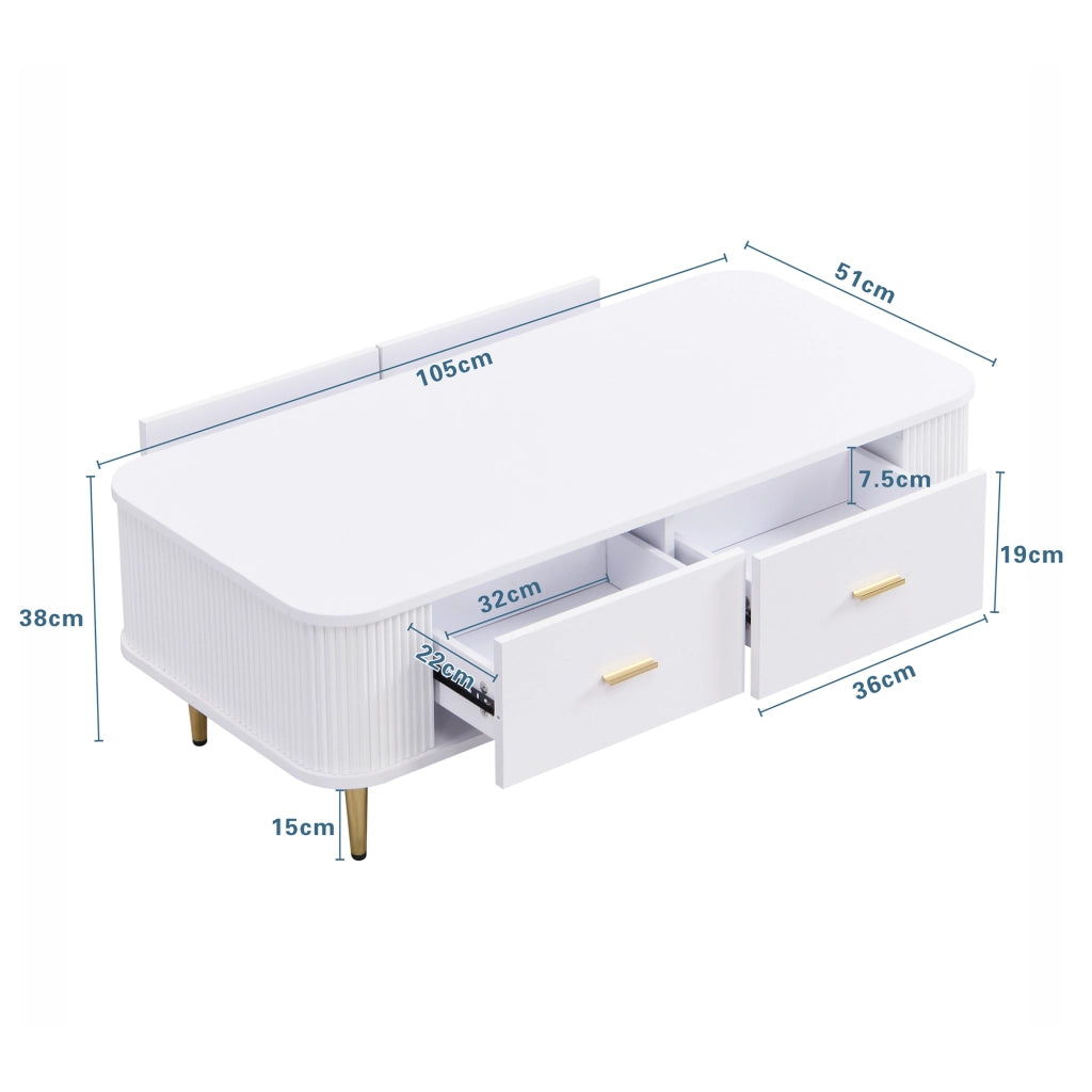 Tavolino da Salotto con 4 Cassetti; Angoli Arrotondati e Fianchi Ondulati; per Soggiorno; in MDF; 105 × 51 × 38 cm; Bianco