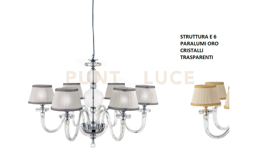 LAMPADARIO BACH 6 LUCI CRISTALLO E FINITURA ORO ATTACCO E14 CON PARALUMI