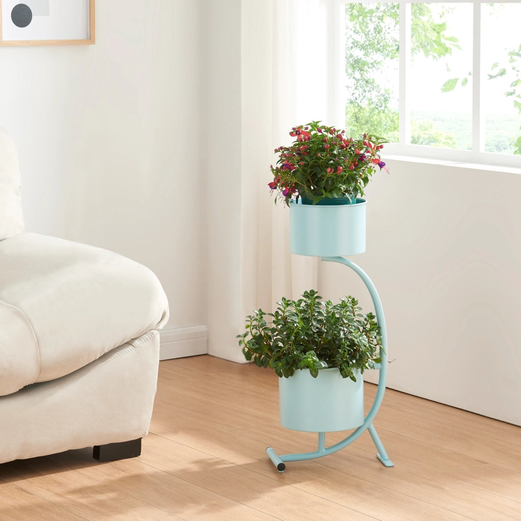 Stand Portapiante Almelo con 2 Portavasi Cilindrici - Azzurro [en.casa]