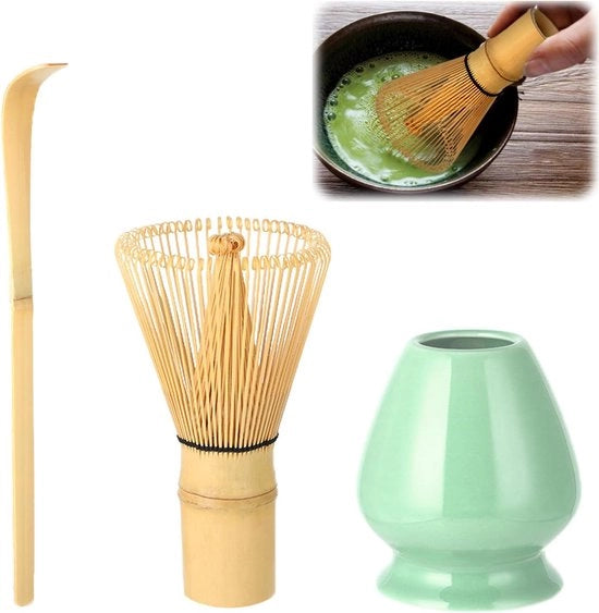 Set di Tè Matcha con Frusta in Bambù a 80 Denti Manufatto Tradizionale Cerimonia del Tè Giapponese con Polvere di Tè Verde 3-Pezzi Regalo Facile da Pulire