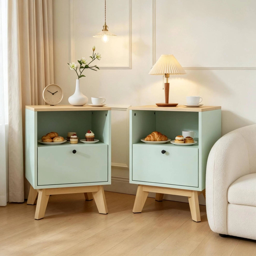 Set di 2 comodini moderni con cassetto e vano aperto 40x40x55 cm in MDF verde chiaro
