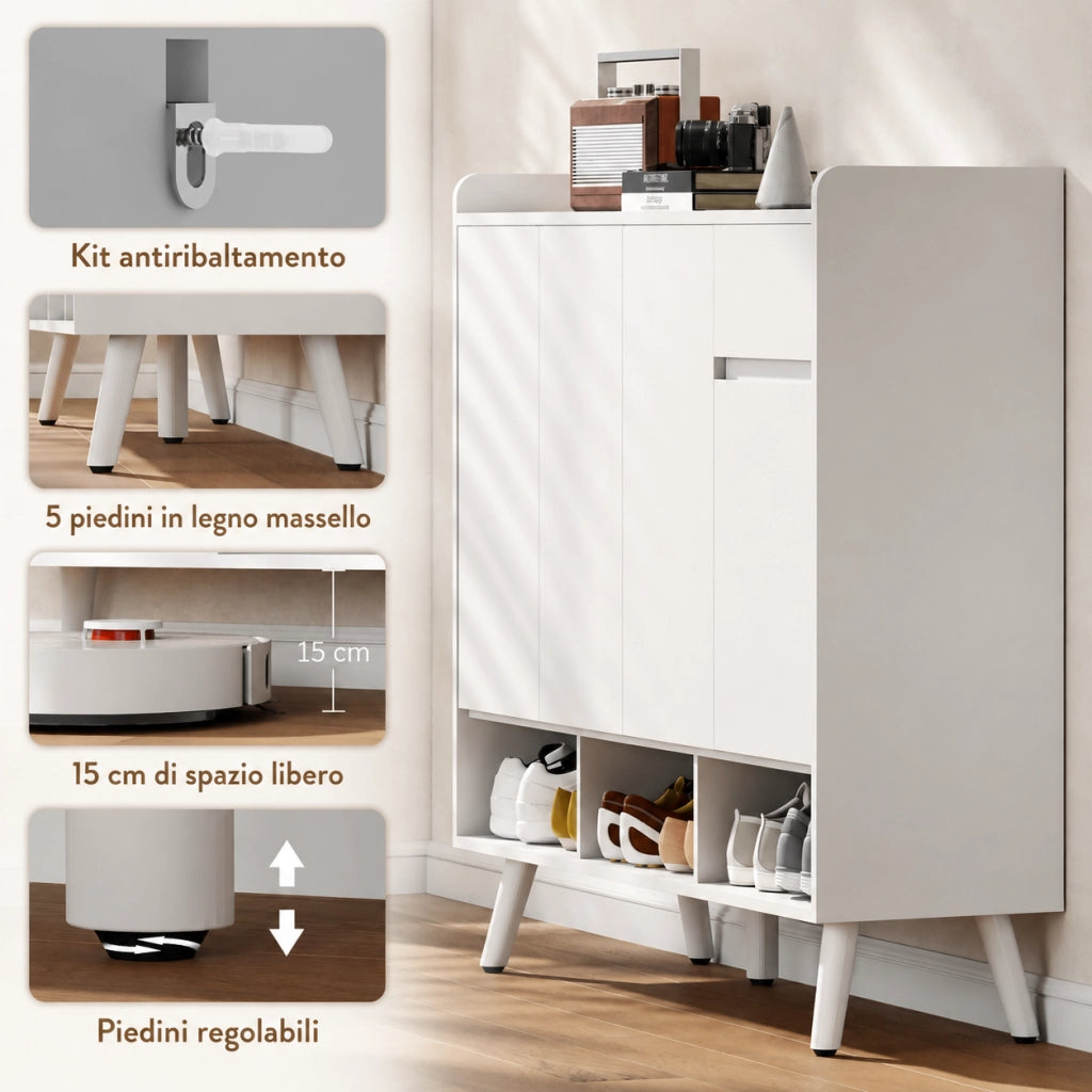 Scarpiera MDF bianca 120×35×100 cm, ante push‑open, ripiani regolabili, cassetto, kit antiribaltamento per ingresso