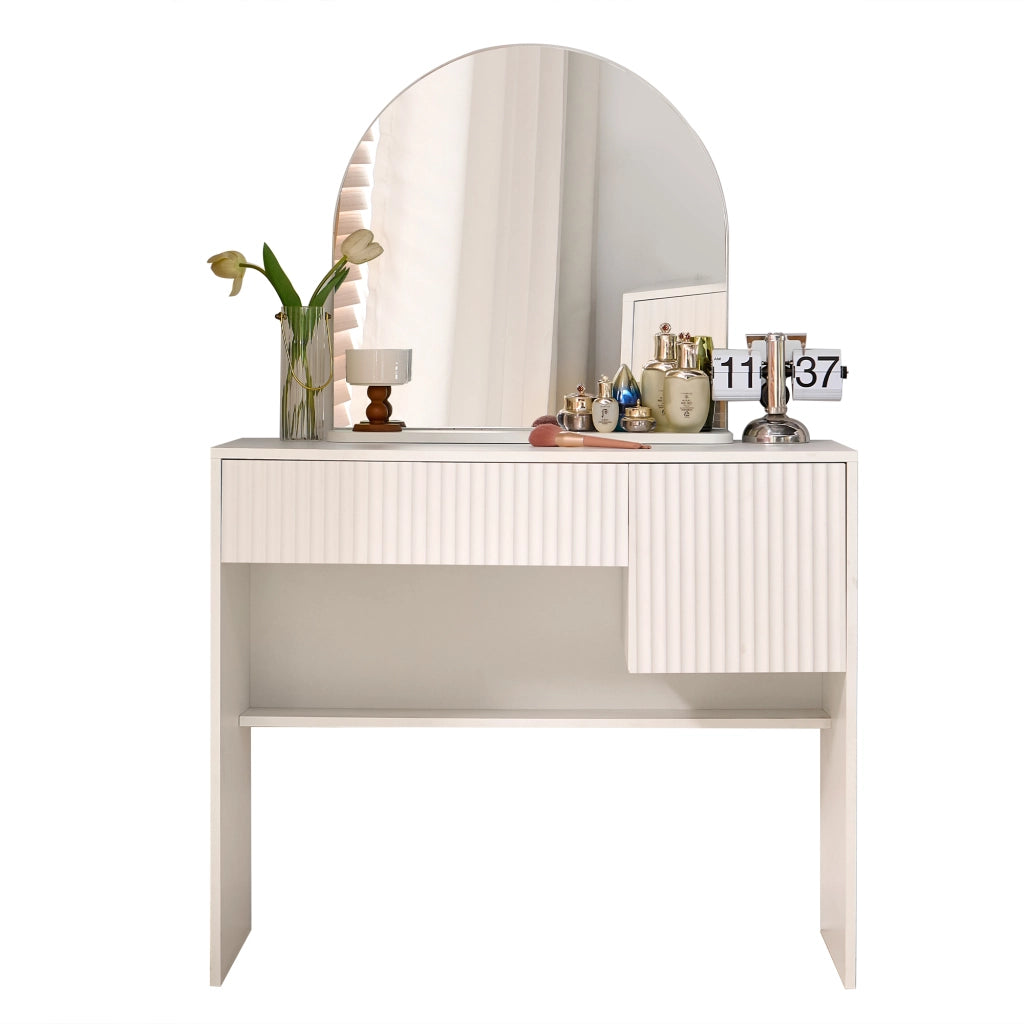 Tavolo da toeletta moderno con specchio; cassetti e mensole aperte; Bianco; B90×H135×P40cm