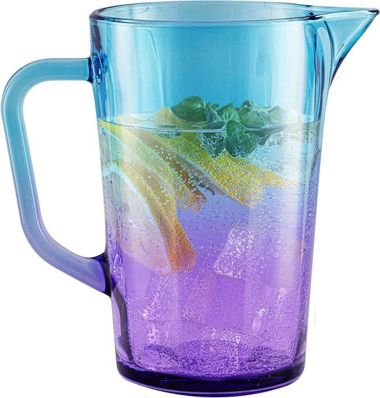 Karaf d'acqua colorato, 1 litro, con maniglia pratica, 19 cm, bicchiere di vetro, blu, viola, bicchiere di vetro, 1 litro, colorato