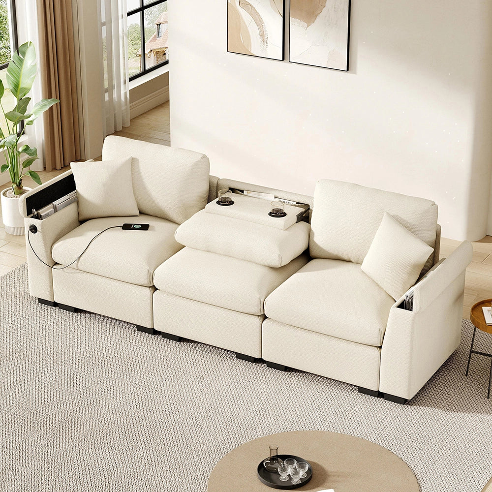 Divano 3 posti - Xylo - In chenille, con tavolo e USB, beige, multifunzione
