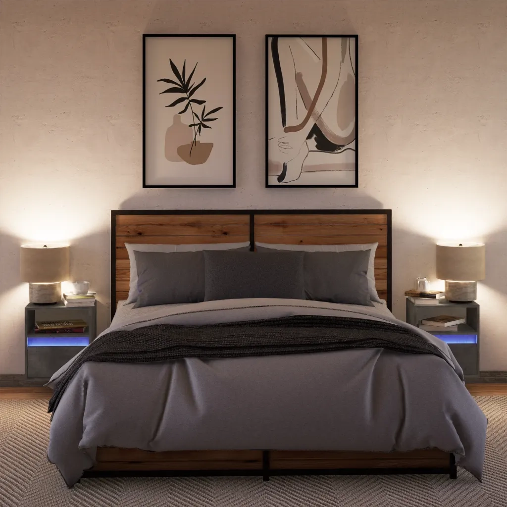 Comodini a Parete con Luci LED 2 pz Grigio Cemento