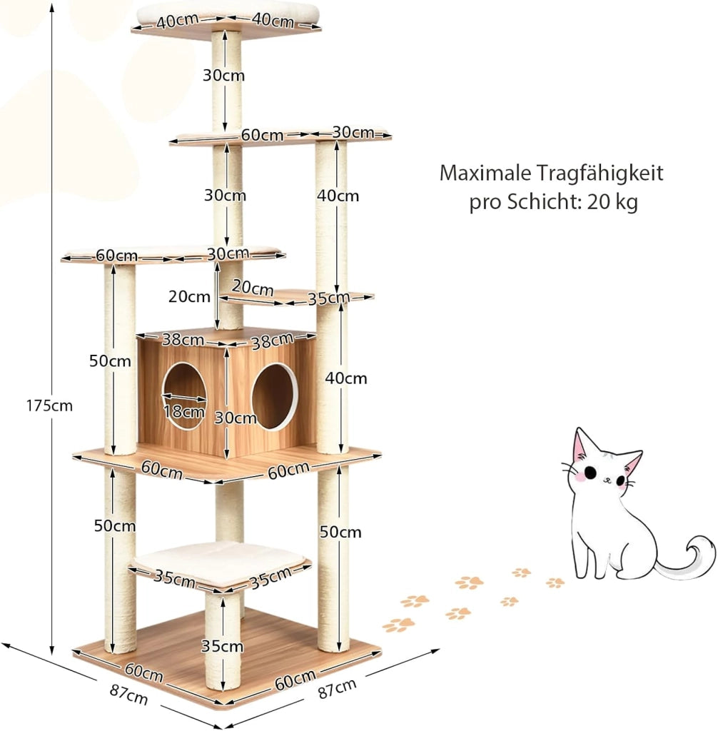Tiragraffi grande 175 cm di altezza, robusto albero per gatti in legno, con 6 piattaforme, casetta per gatti e tronchi sisal, mobili per gatti, albero attività (naturale)