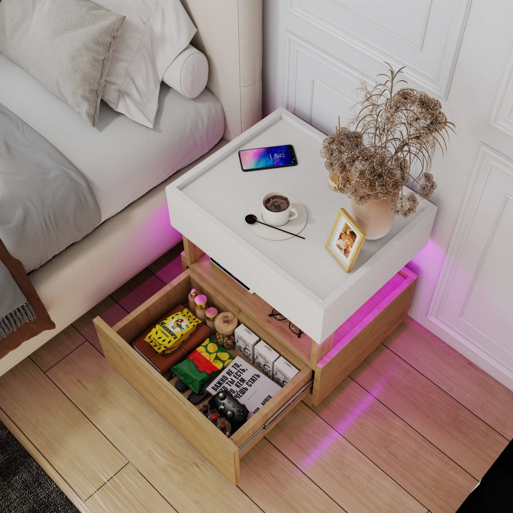 Comodino moderno con 2 cassetti; ricarica wireless e LED; 50x40x50 cm; bianco e naturale