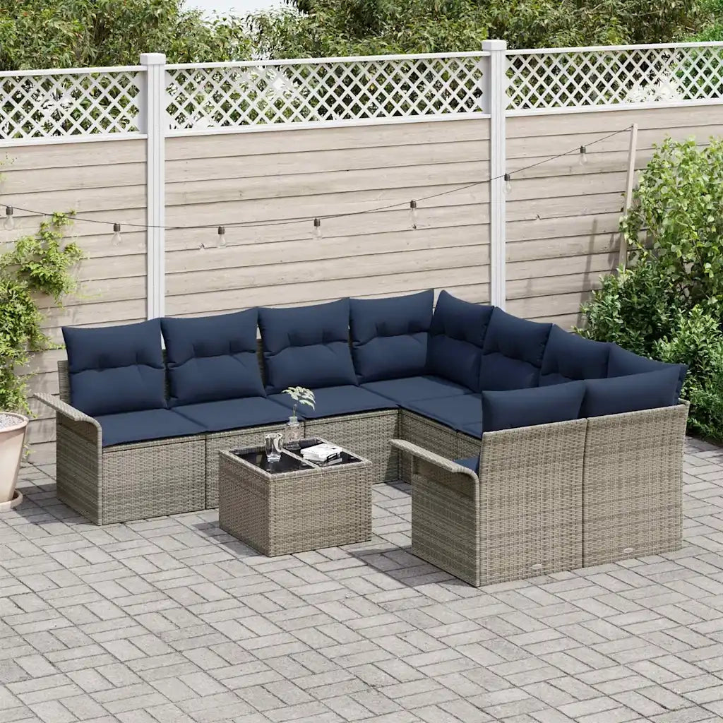 Set Divano da Giardino 9 pcs Grigio e Blu Navy polyrattan