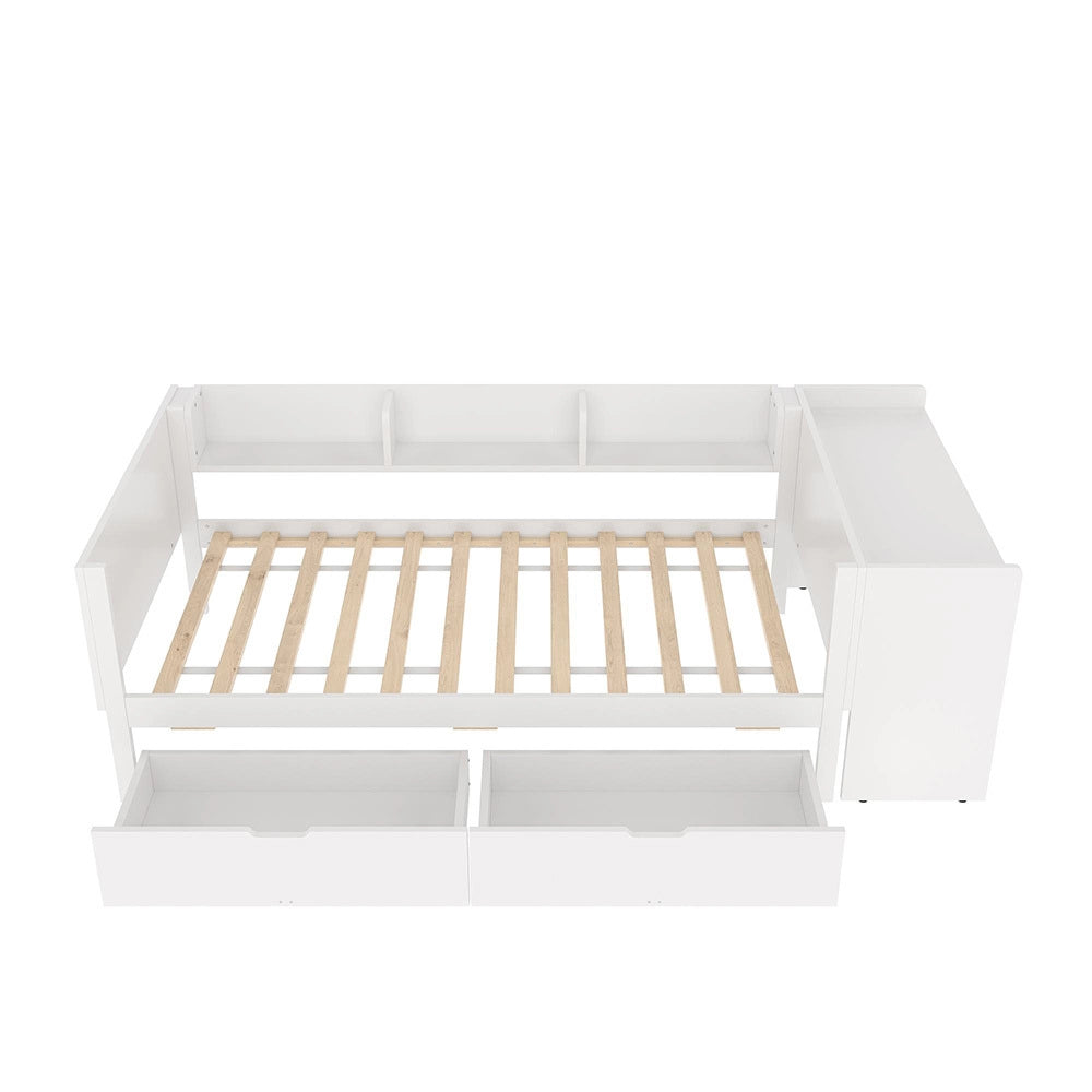 Letto singolo-Xylo-90x200 cm-con scrivania, 2 cassetti, scaffali, pino, bianco