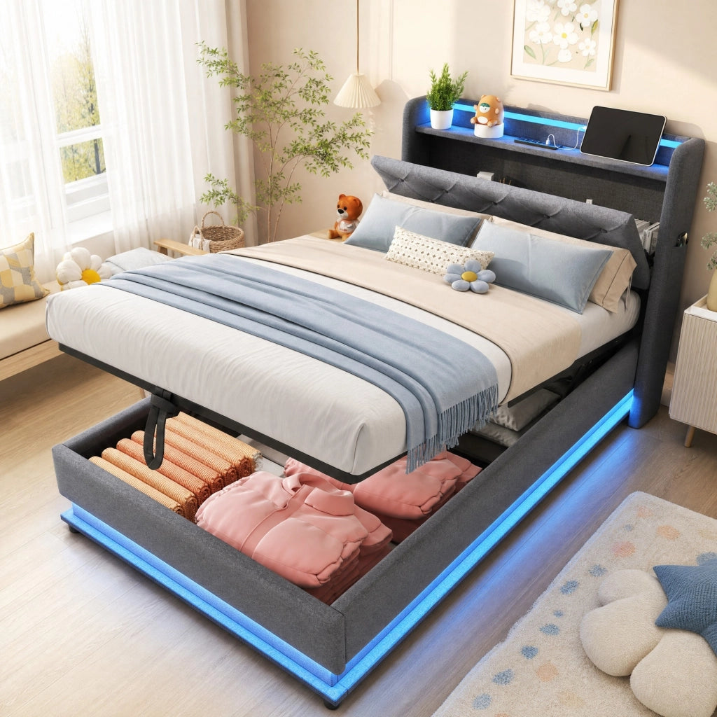 Letto imbottito 90x200 cm con LED, USB, contenitore idraulico e testiera apribile