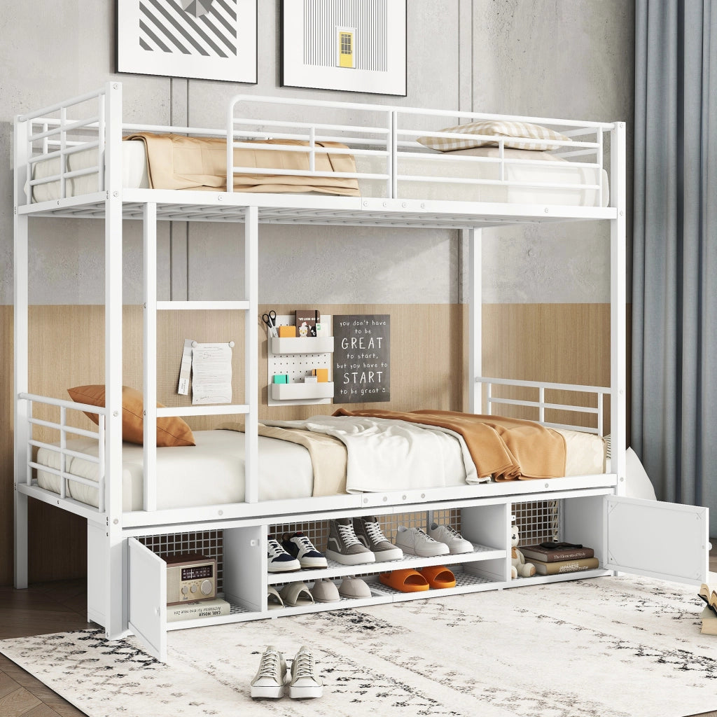Letto a Castello 90×200 cm; Letto Singolo con Scala a 3 Gradini; Scarpiera e 2 Ante; senza Materasso