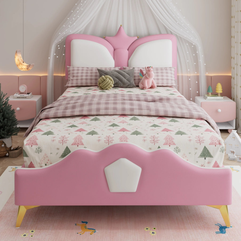 LETTO Bambini 90x200 cm Rosa e Bianco in PU con testiera a corona