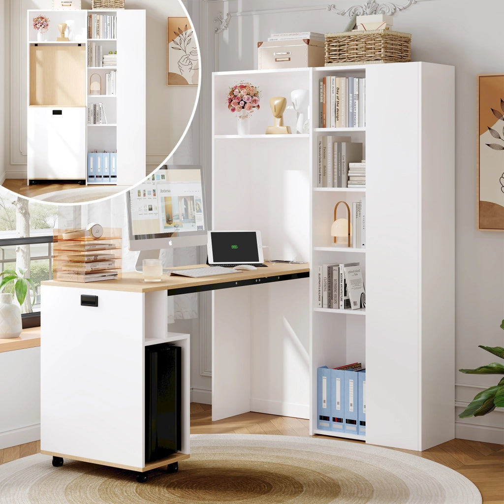 Scrivania pieghevole 2 in 1 con libreria, presa EU e USB, ripiani regolabili, anti-ribaltamento, bianco rovere