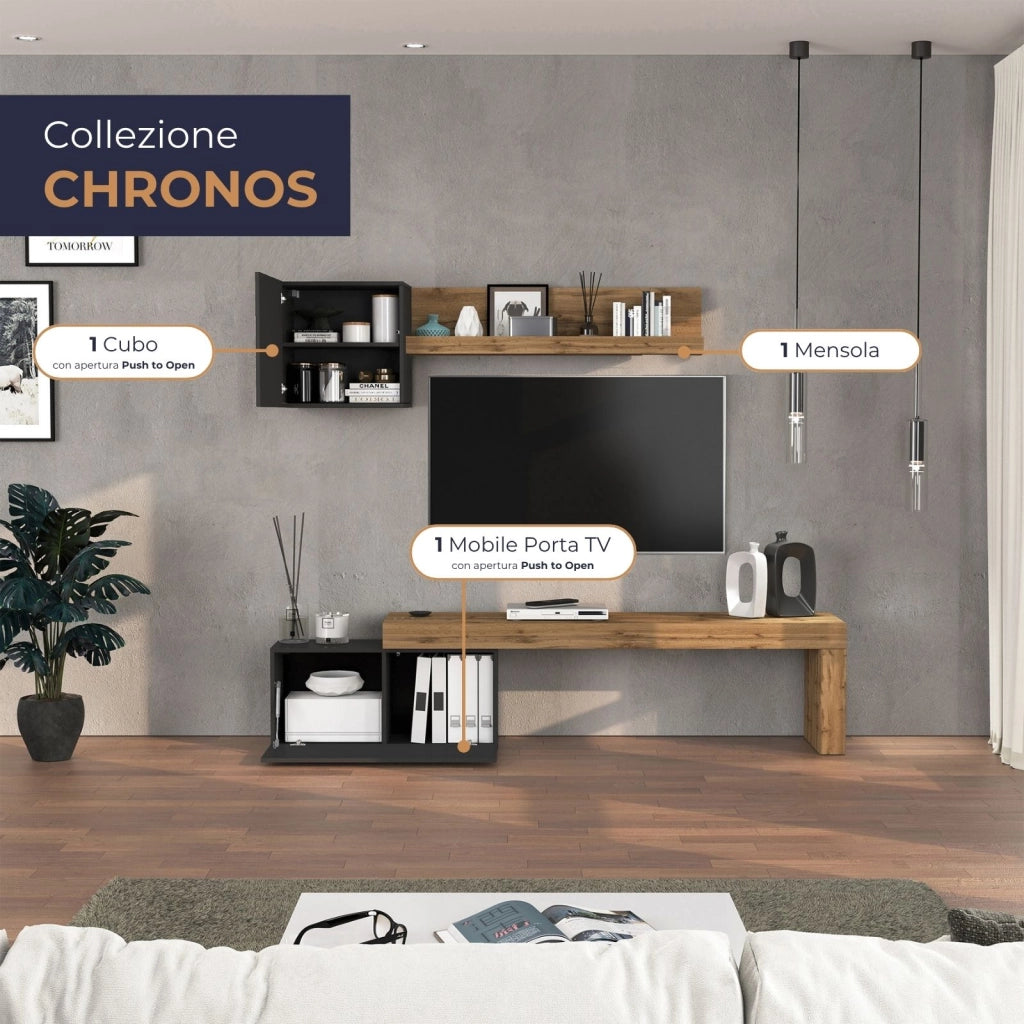 WHOUS Parete attrezzata Chronos set soggiorno antracite opaco e rovere 180/260x40 cm
