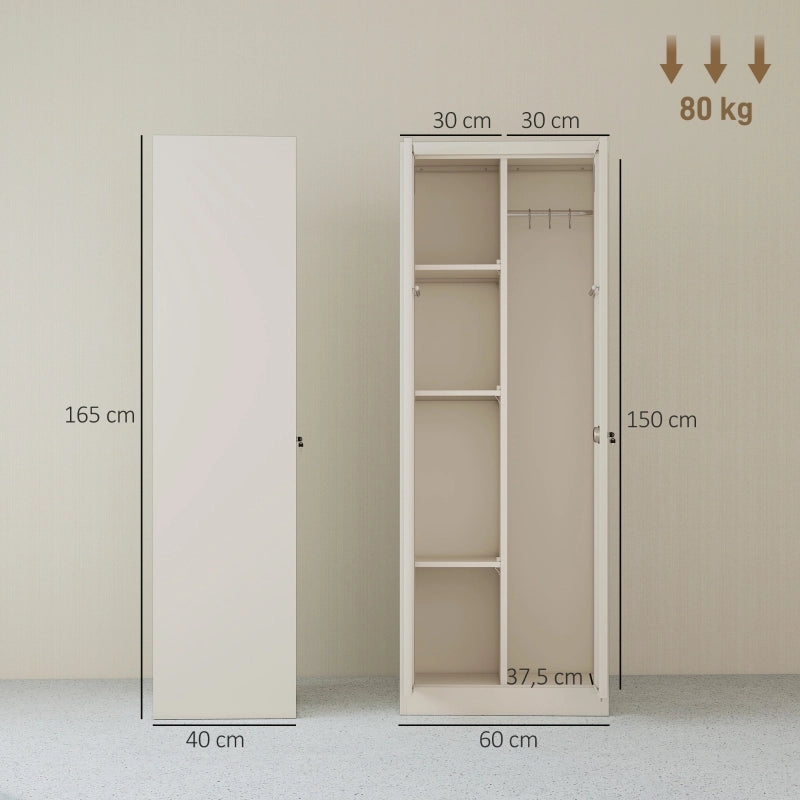 Armadio contenitore in acciaio con 2 vani, 3 ripiani regolabili e asta appendiabiti, per garage, crema, 60 × 40 × 165 cm
