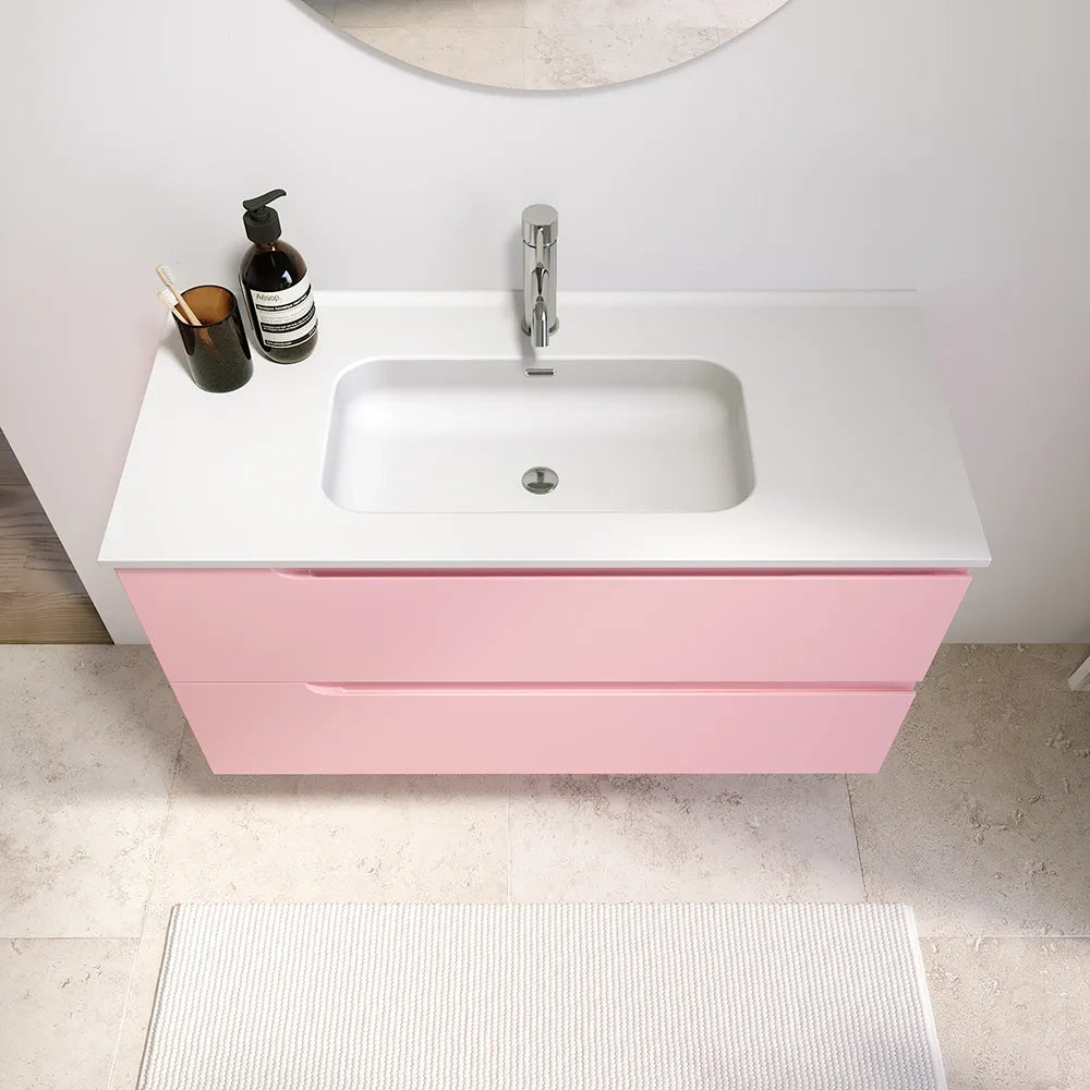 Mobile bagno sospeso 100 cm due cassetti rosa cipria opaco con lavabo | Ardenne