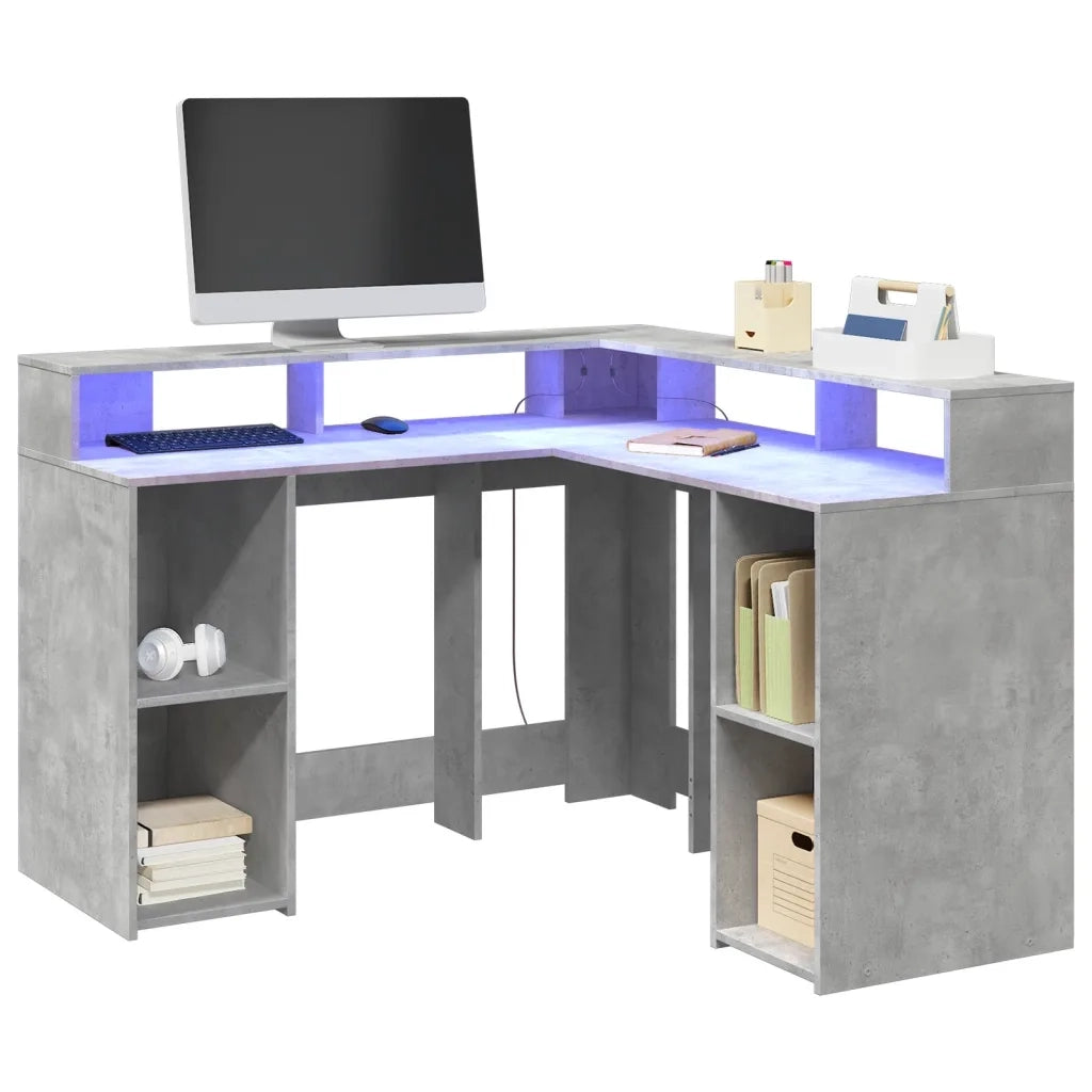 Scrivania con Luci LED Grigio Cemento 130x130x91 cm Multistrato 3309450
