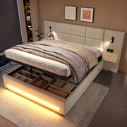 Letto matrimoniale imbottito 180x200 cm in velluto beige con contenitore; USB-C e LED