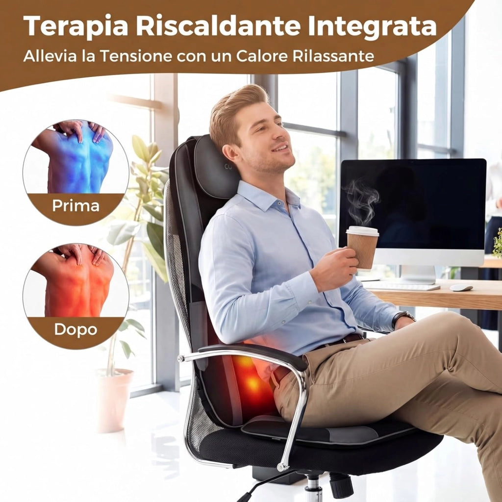 Sedile Massaggiatore per Schiena con Calore, Cuscino Massaggiante Shiatsu per Poltrona con 4 Nodi Impastanti a Rotazione e 2 Motori Vibranti, Massaggiatore 3D per Collo e Schiena