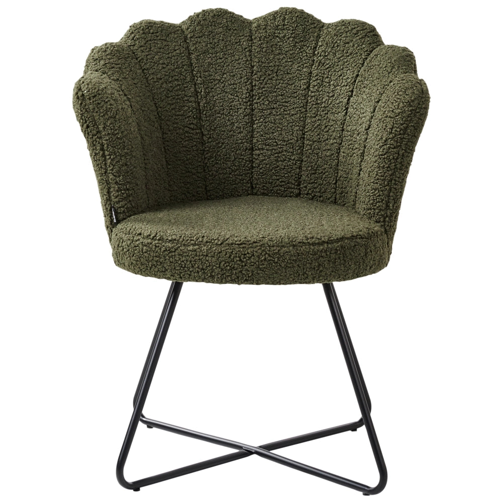 Poltrona senza braccioli Rivestimento in bouclé verde scuro Schienale a conchiglia Design classico vintage Struttura in metallo nero