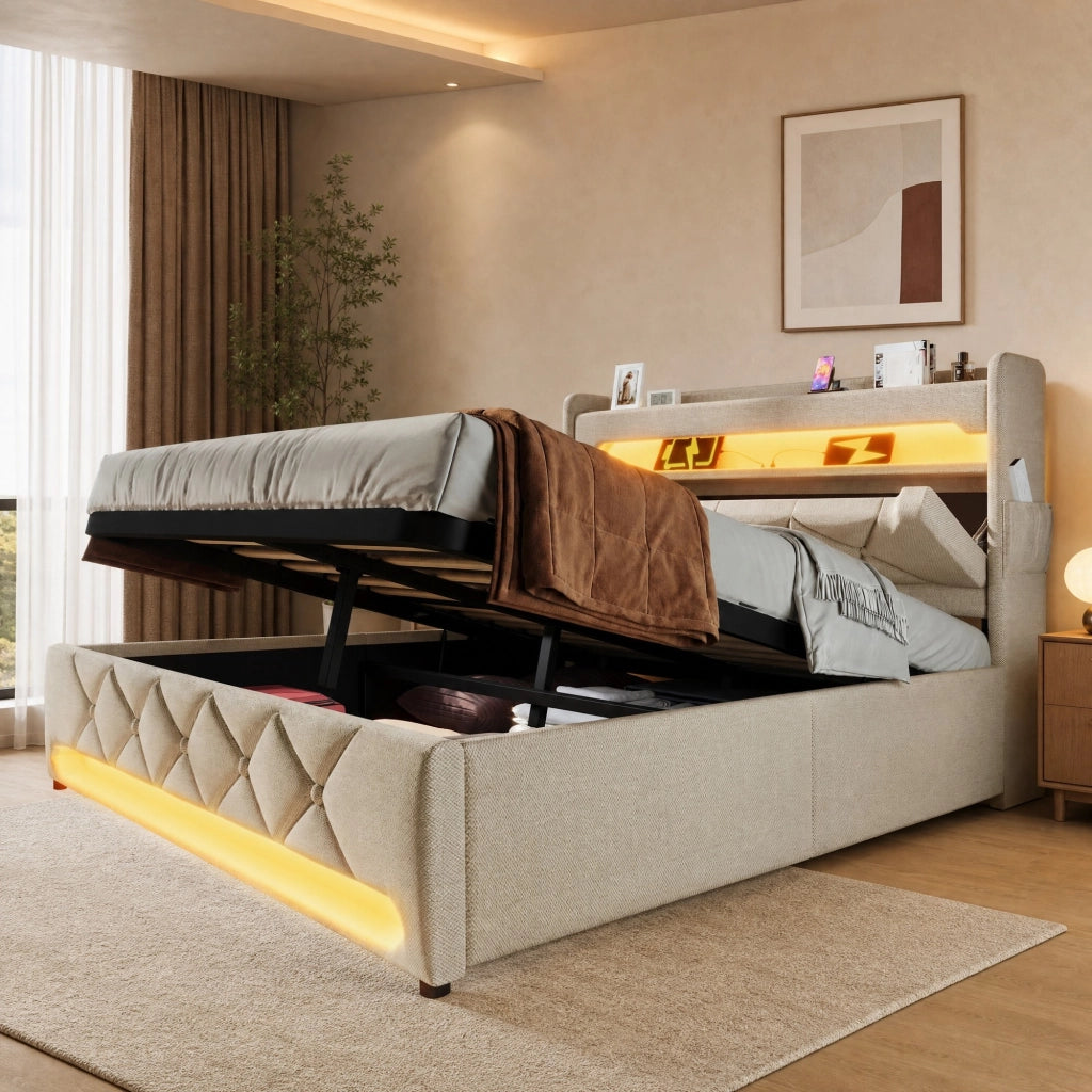 Letto matrimoniale 140x200 cm in lino beige con contenitore idraulico; LED 360掳 e testiera con porte USB e Type-C