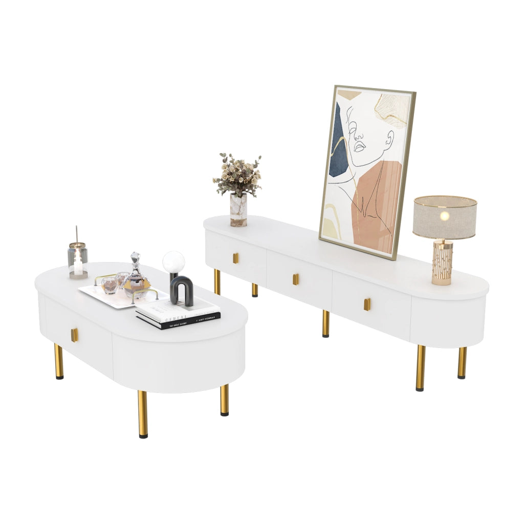 Set tavolino e mobile TV con cassetti in MDF bianco e oro; bordi arrotondati