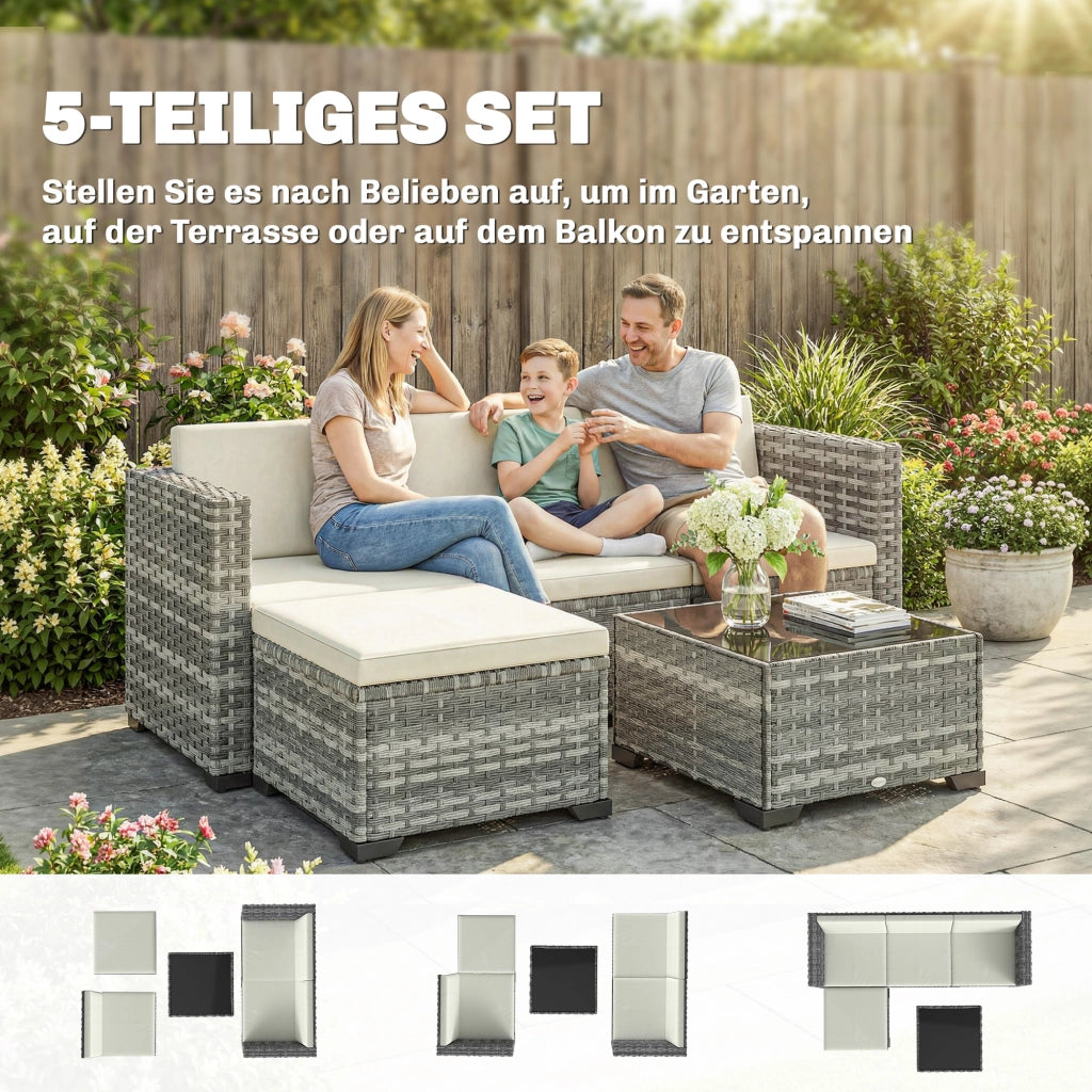 Set Giardino Poly Rattan 5 Pezzi ¨C zephmum ¨C Grigio e Crema