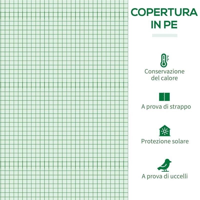 SERRA DA GIARDINO IN PE E ACCIAIO CON 4 PICCHETTI, 2 FINESTRE E COPERTURA RINFORZATA, 200X77X148-169CM