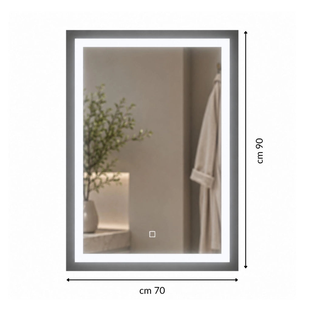 Specchio da bagno ed ambienti rettangolare con cornice led e interruttore touch *** misure 70x90 cm, tonalità standa...