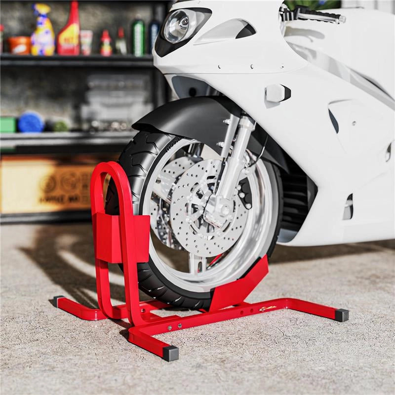BLOCCA RUOTA MOTO REGOLABILE SU 3 LIVELLI DA 250 KG MAX IN METALLO, 60X55X43 CM, ROSSO