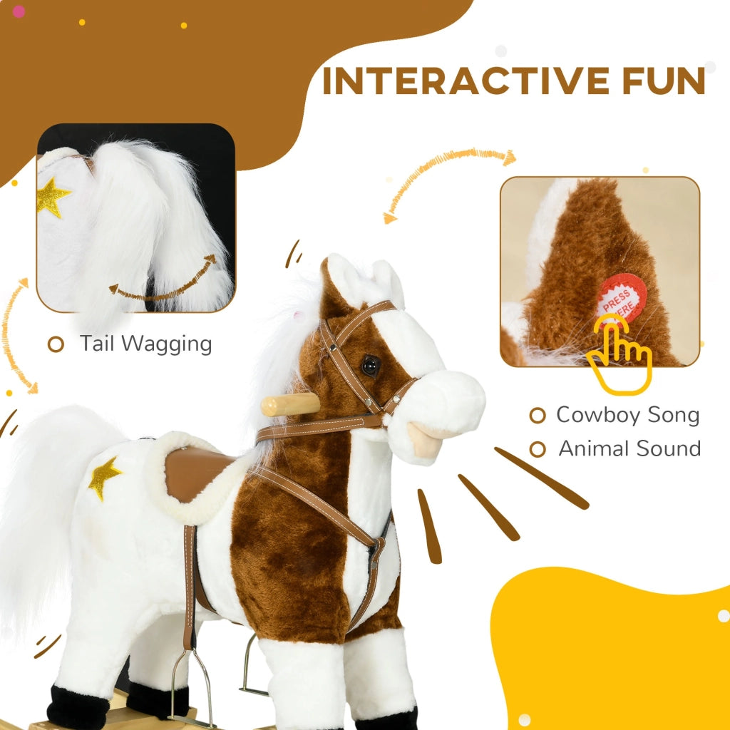 EasyComfort Cavallino a Dondolo per Bambini da 3-6 Anni in Peluche con Suoni, 68x26x62cm, Marrone