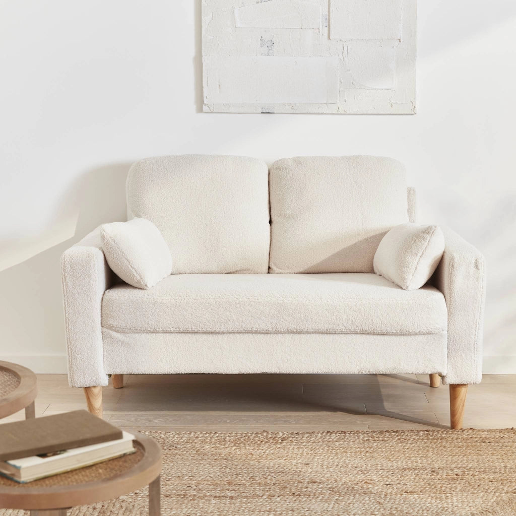 Divano scandinavo in tessuto bouclé e legno, 2 posti, crema