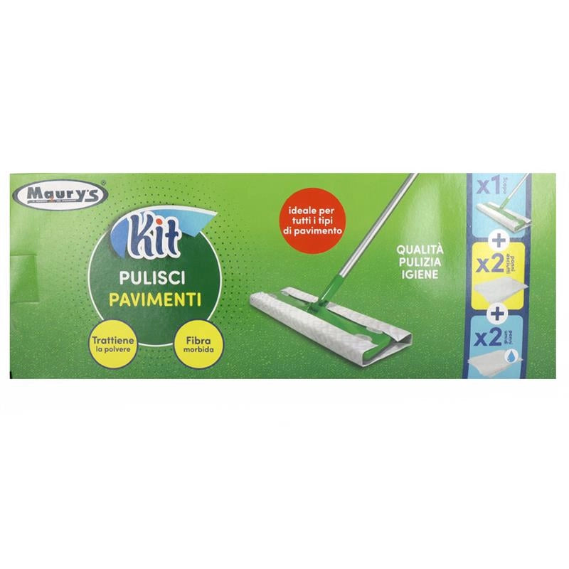 KIT PULISCI PAVIMENTI 1 SCOPA + 2 PANNI ASCIUTTI + 2 PANNI UMIDI FIBRA MORBIDA TRATTIENE LA POLVERE TUTTI I TIPI DI PAVIMENTO