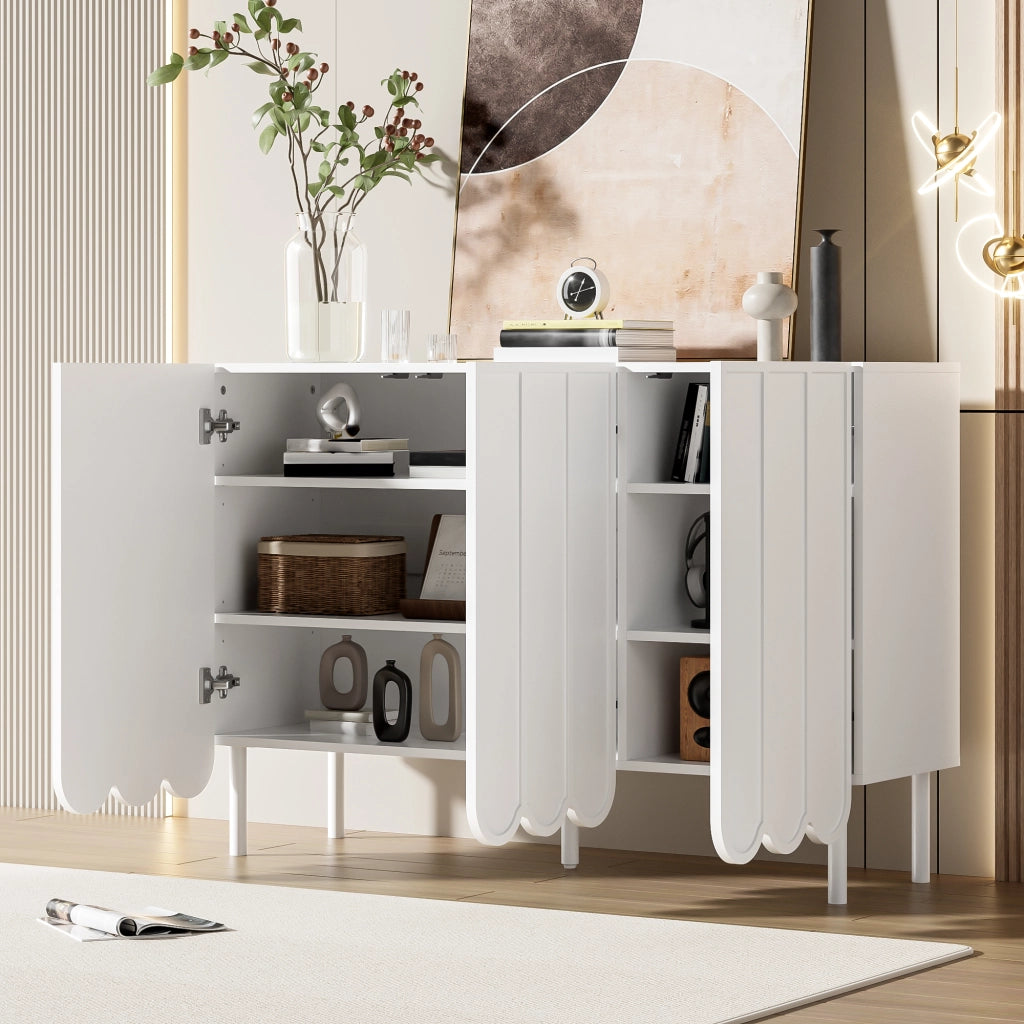 Credenza con 2 Ante Ondulate senza Maniglie; Ripiani Regolabili; Stile Moderno; in MDF; 120??35??80 cm; Bianco