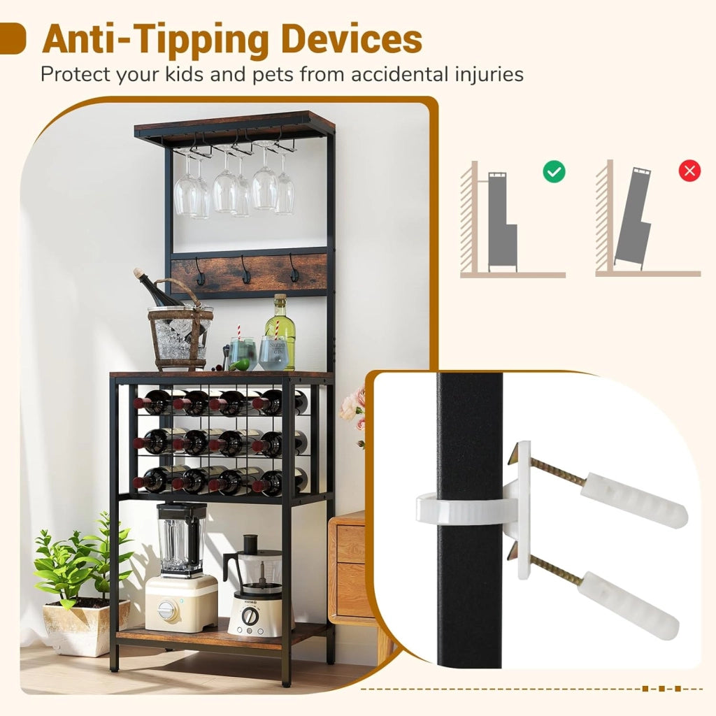 Scaffale da cucina con portabottiglie per 12 bottiglie, 3 ganci doppi e portabicchieri, 54 x 37 x 156 cm, organizer per sala da pranzo bar
