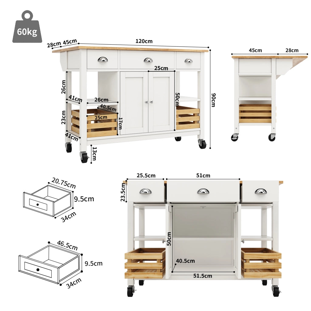 OKWISH Carrello da Cucina con 1 Cassetto, 1 Anta, Ripiano Regolabile, Piano Ribaltabile e Ruote, 120×45×90 cm