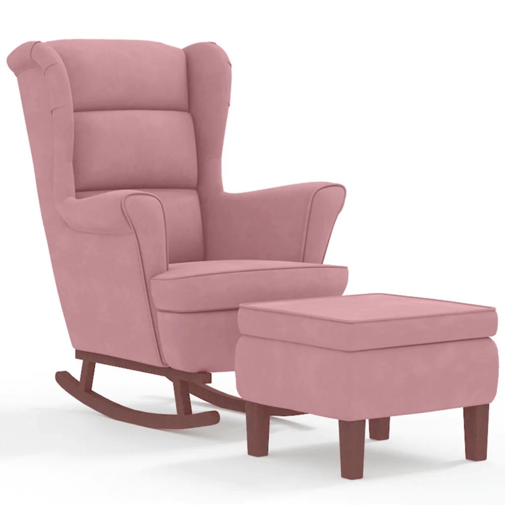 Poltrona a Dondolo con Gambe Legno e Poggiapiedi Rosa Velluto