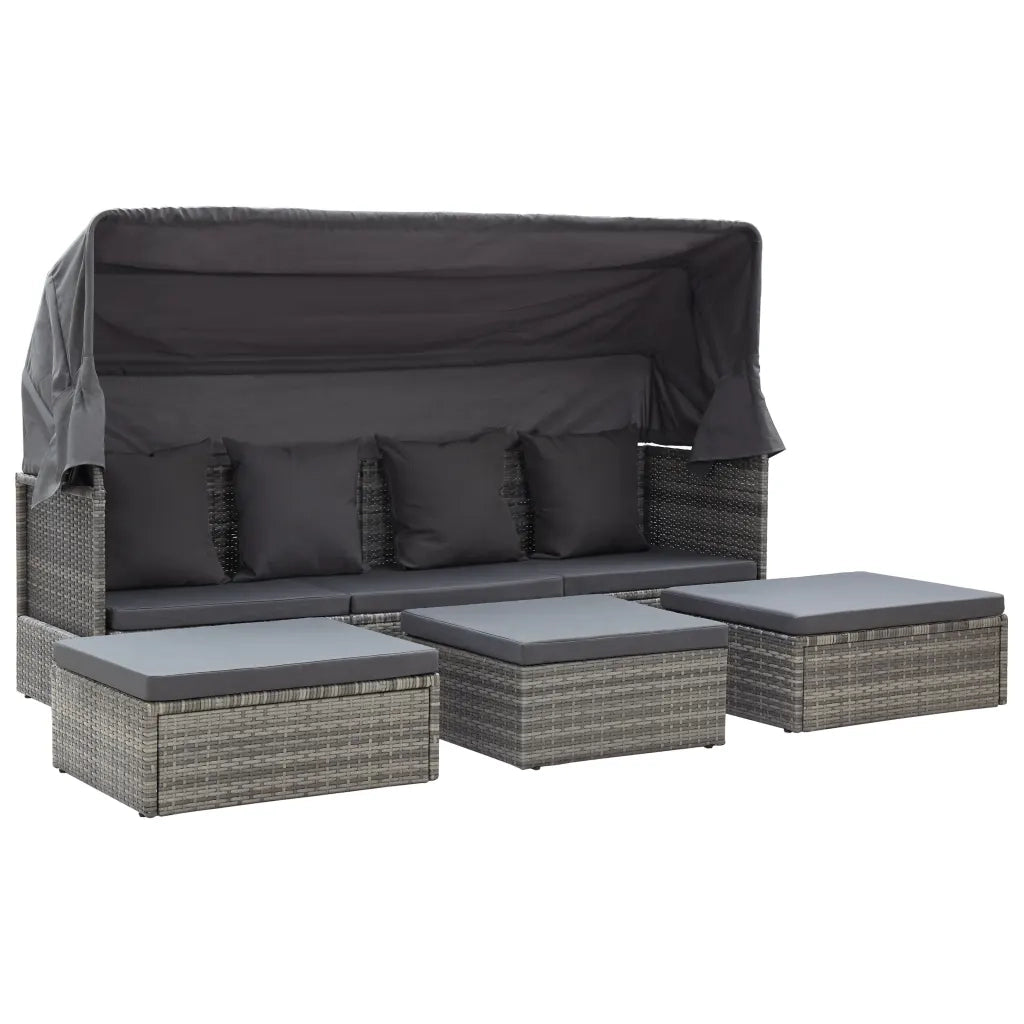 Lettino da Giardino con Tettuccio in Polyrattan Grigio Mélange 46158