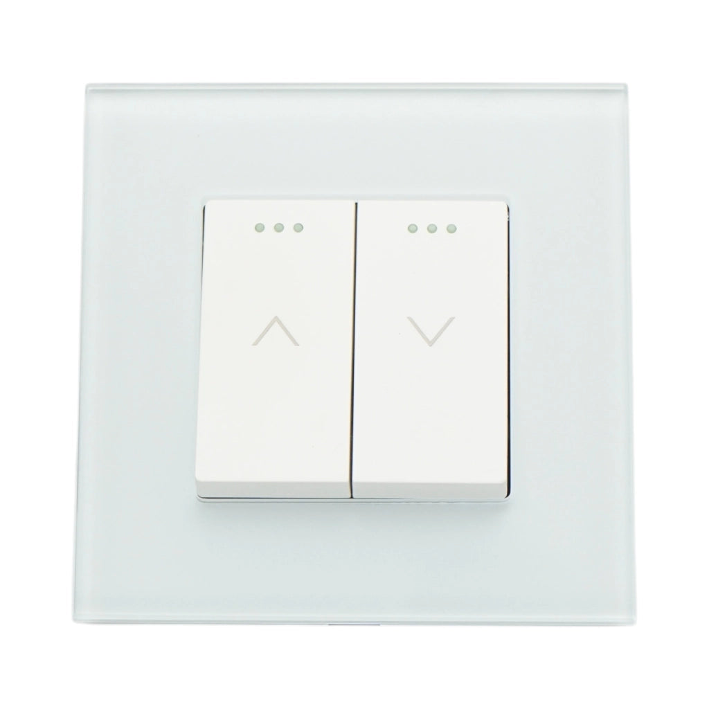Interruttore doppio per tapparelle bianche da incasso 220V, 16AX, spia luminosa, cornice in vetro 86x86x34mm