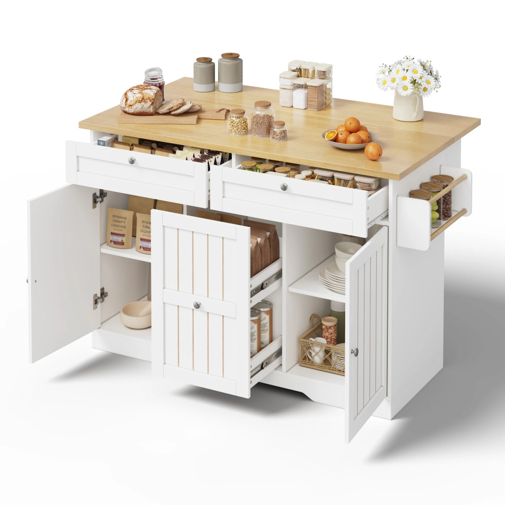 Isola cucina mobile con piano richiudibile, cassetti verticali e ruote bloccabili, 120 x 45(70) x 92 cm