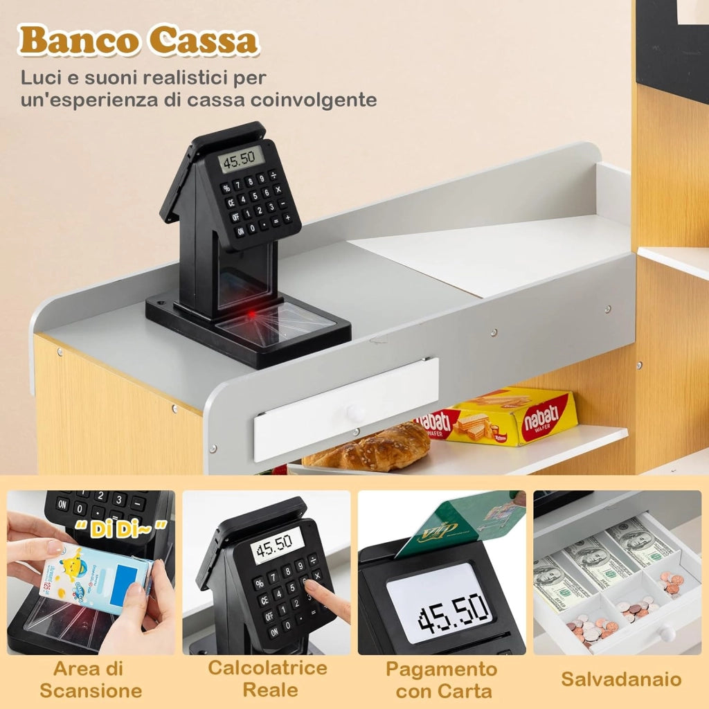 Set da Gioco da Supermercato, Banco di Mercato per Bambini in Legno con Carrello della Spesa, 2 Lavagne e Registratore di Cassa, Scaffali Espositivi, per Bambini 3+ Anni
