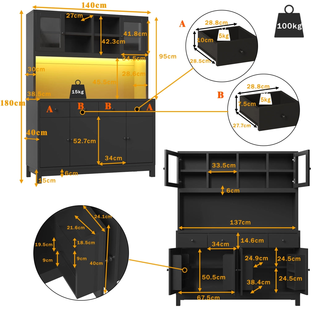 ARMADIO BUFFET ALTO 140x38,5x180 cm MDF Nero con LED RGB