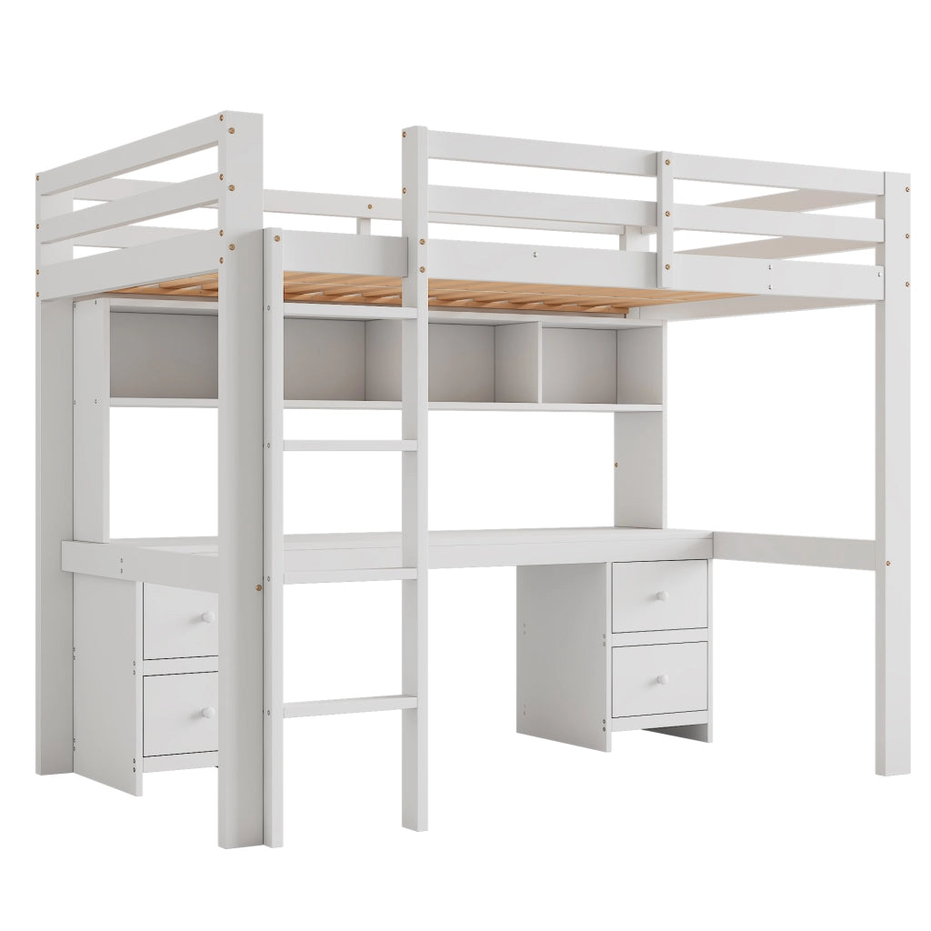 Letto a castello bianco in pino con funzione scrivania e spazio contenitivo 90x200 cm