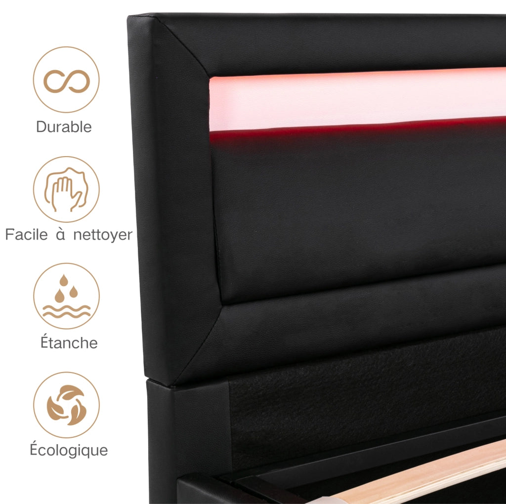 Letto imbottito con contenitore e LED 140x190 cm; testiera 80 cm; rete a doghe inclusa; PU nero