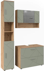 Set di mobili da bagno Irma, Verde salvia, 80 cm, composto da mobile sottolavabo, specchiera e colonna alta