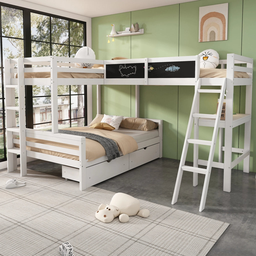 Letto a castello per bambini per 3 persone 140x200 cm e 2x90x200 cm in legno massiccio bianco e rovere